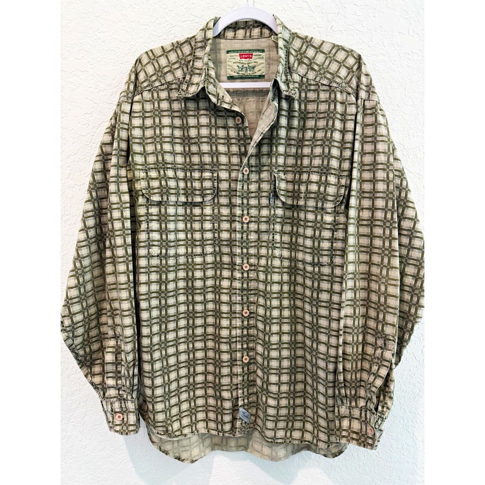 Levi's Authentic Men's L Green Gray White Plaid Long Sleeve Button-Up Pockets